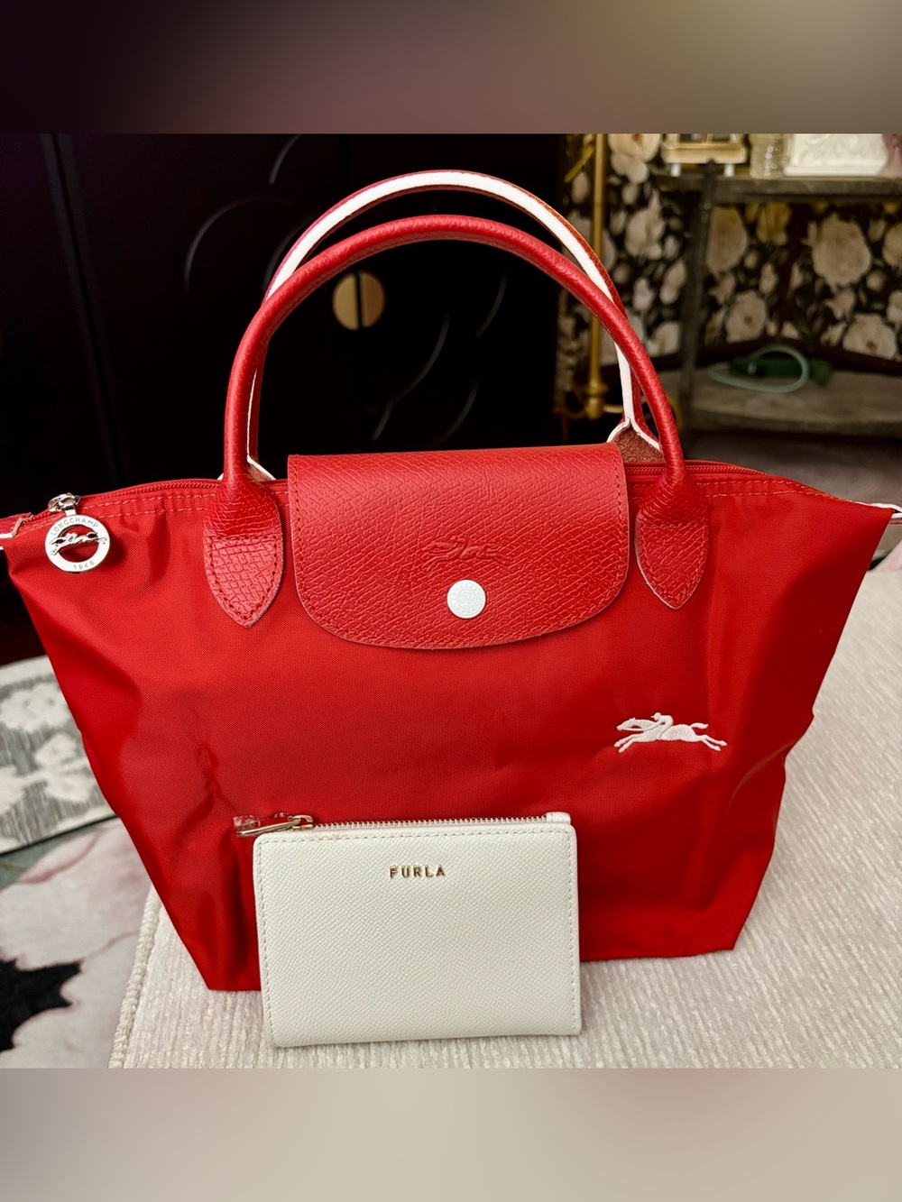 Longchamp Le Pliage Small Red Tote + Furla Floral Wallet Set Like New